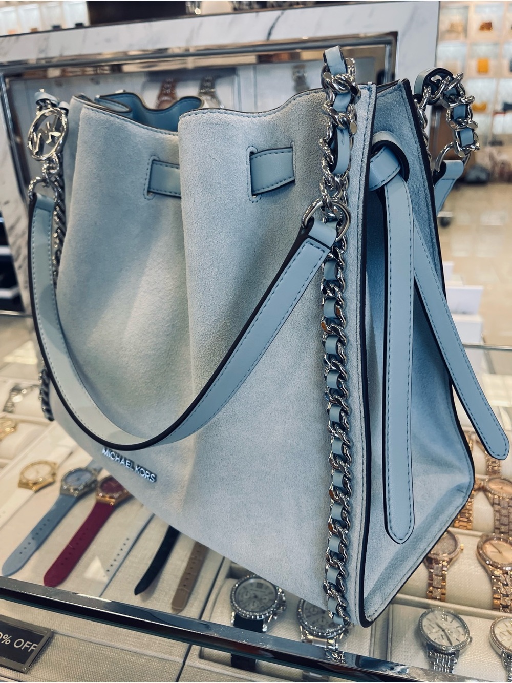 Michael Kors Mina Large Suede Chain Shoulder Bag Pale Ocean Blue Leather NWT - Picture 5 of 16